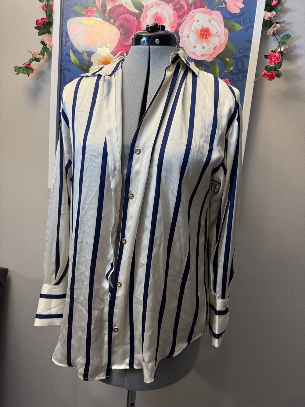 Zara Cream and Navy Vertical Striped Button-Up Blouse